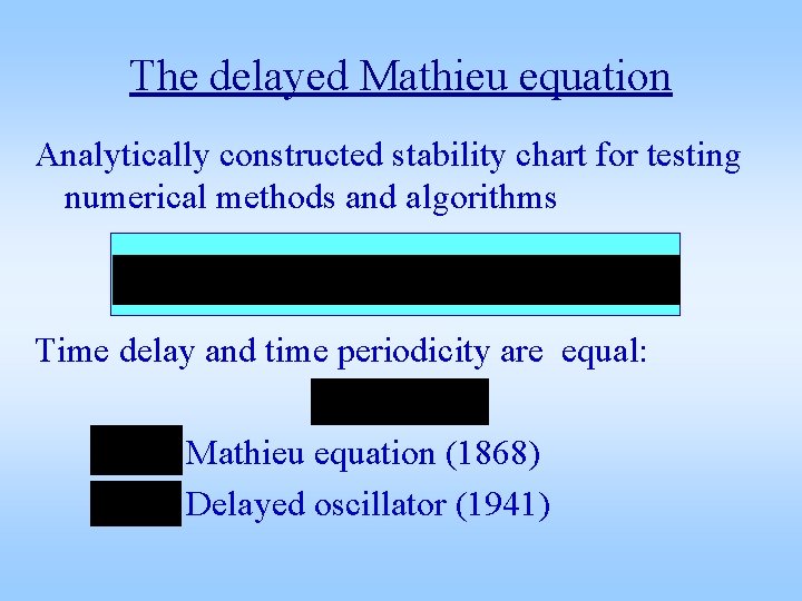 The delayed Mathieu equation Analytically constructed stability chart for testing numerical methods and algorithms