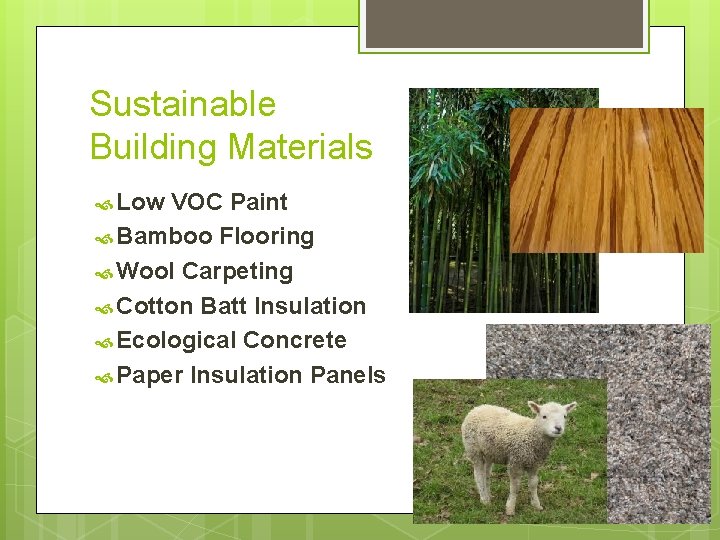 Sustainable Building Materials Low VOC Paint Bamboo Flooring Wool Carpeting Cotton Batt Insulation Ecological