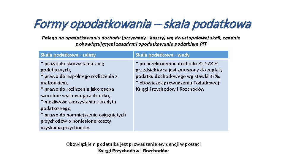 Formy opodatkowania – skala podatkowa Polega na opodatkowaniu dochodu (przychody koszty) wg dwustopniowej skali,