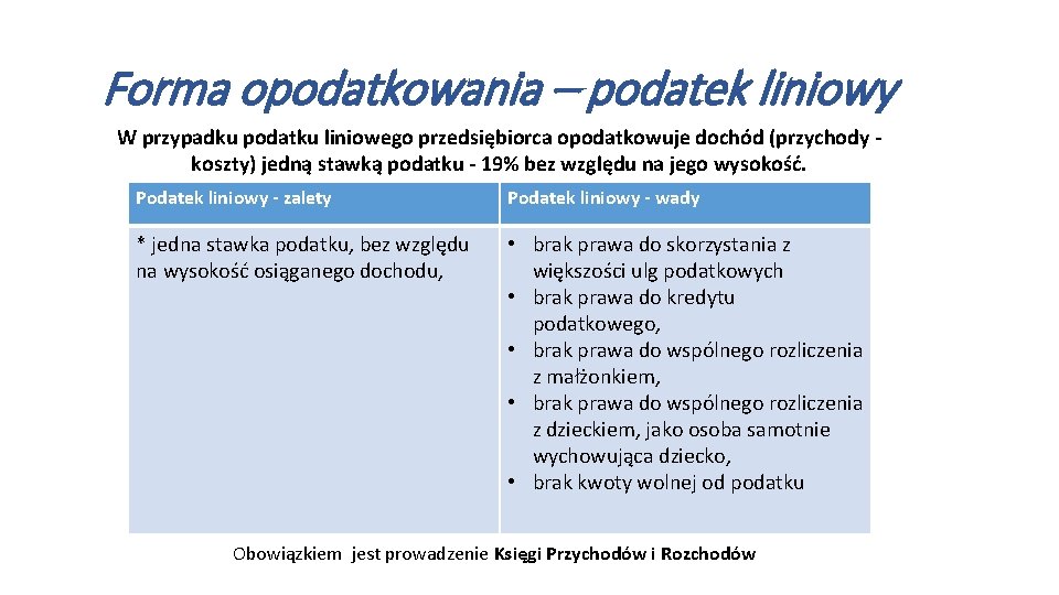 Forma opodatkowania – podatek liniowy W przypadku podatku liniowego przedsiębiorca opodatkowuje dochód (przychody koszty)