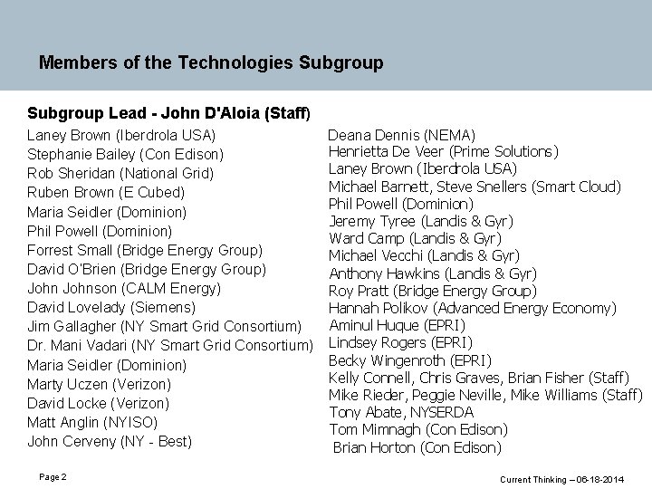 Members of the Technologies Subgroup Lead - John D'Aloia (Staff) Laney Brown (Iberdrola USA)