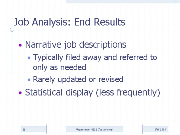 Job Analysis: End Results • Narrative job descriptions • Typically filed away and referred