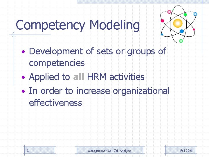 Competency Modeling • Development of sets or groups of competencies • Applied to all