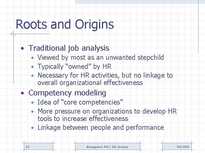 Roots and Origins • Traditional job analysis • Viewed by most as an unwanted