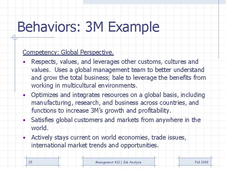 Behaviors: 3 M Example Competency: Global Perspective. • Respects, values, and leverages other customs,