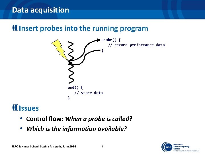 Data acquisition Insert probes into the running program probe() { // record performance data