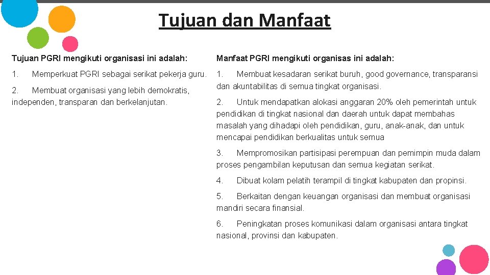 Tujuan dan Manfaat Tujuan PGRI mengikuti organisasi ini adalah: Manfaat PGRI mengikuti organisas ini