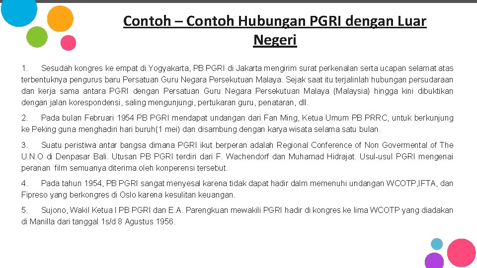 Contoh – Contoh Hubungan PGRI dengan Luar Negeri 1. Sesudah kongres ke empat di