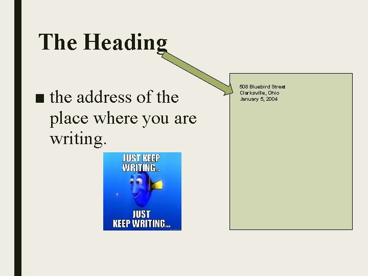 The Heading ■ the address of the place where you are writing. 508 Bluebird