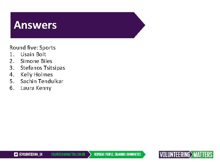 Answers Round five: Sports 1. Usain Bolt 2. Simone Biles 3. Stefanos Tsitsipas 4.