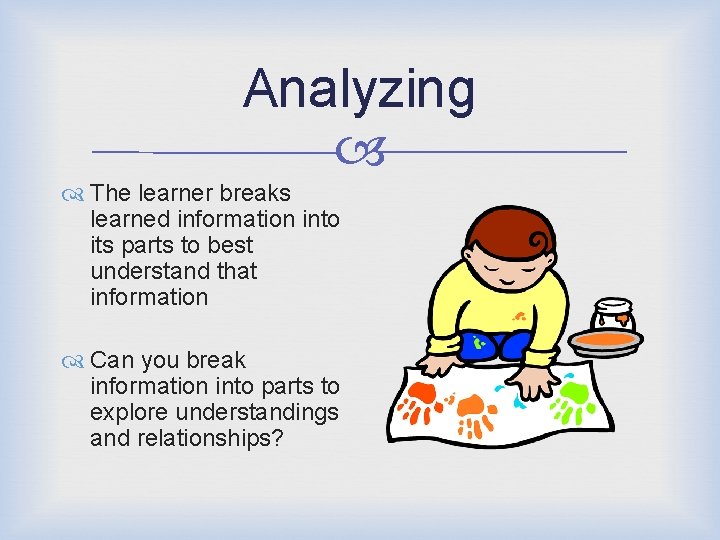 Analyzing The learner breaks learned information into its parts to best understand that information