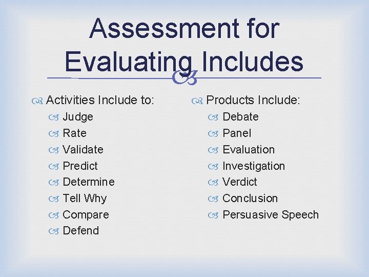 Assessment for Evaluating Includes Activities Include to: Judge Rate Validate Predict Determine Tell Why