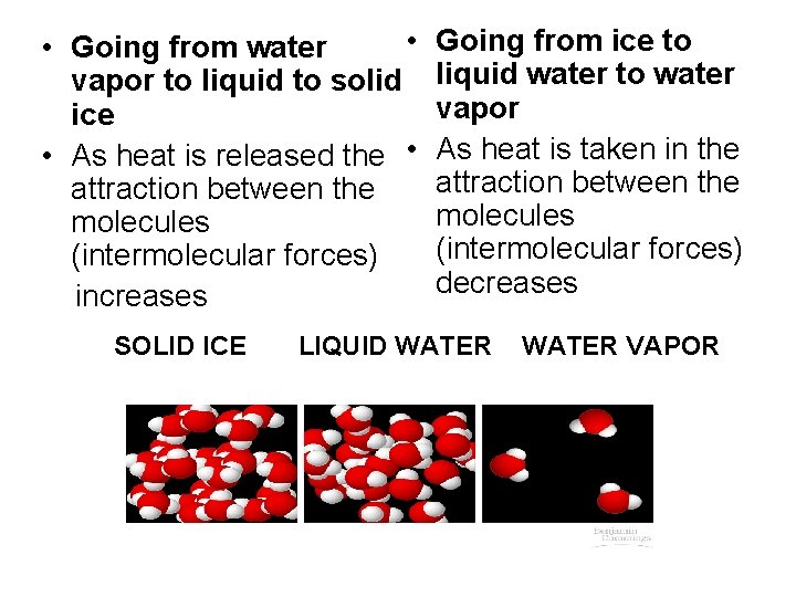  • • Going from water vapor to liquid to solid ice • As