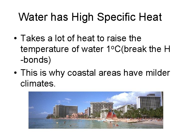 Water has High Specific Heat • Takes a lot of heat to raise the