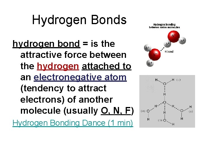 Hydrogen Bonds hydrogen bond = is the attractive force between the hydrogen attached to