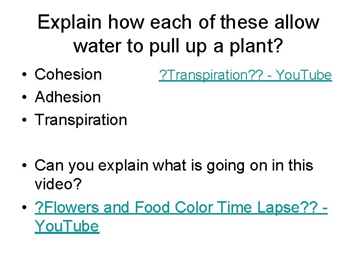 Explain how each of these allow water to pull up a plant? • Cohesion