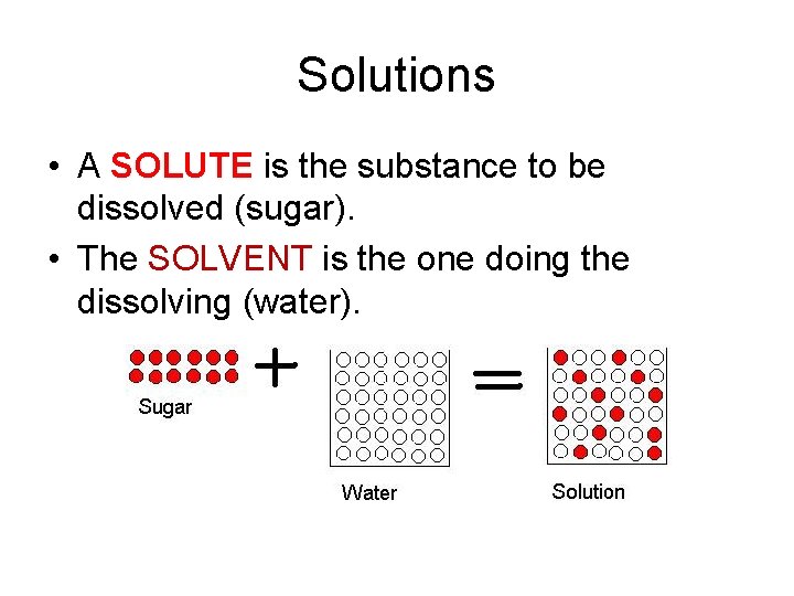 Solutions • A SOLUTE is the substance to be dissolved (sugar). • The SOLVENT
