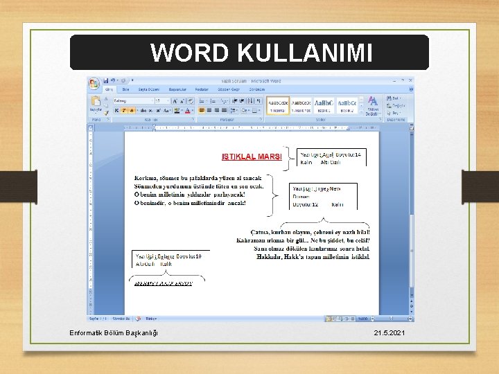 WORD KULLANIMI Enformatik Bölüm Başkanlığı 21. 5. 2021 