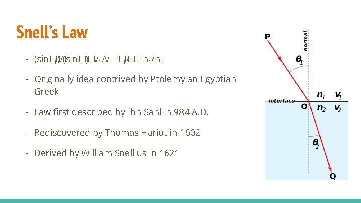 Snell’s Law - (sin�� 1)/(sin�� 2)=v 1/v 2=�� 1/�� 2=n 1/n 2 - Originally