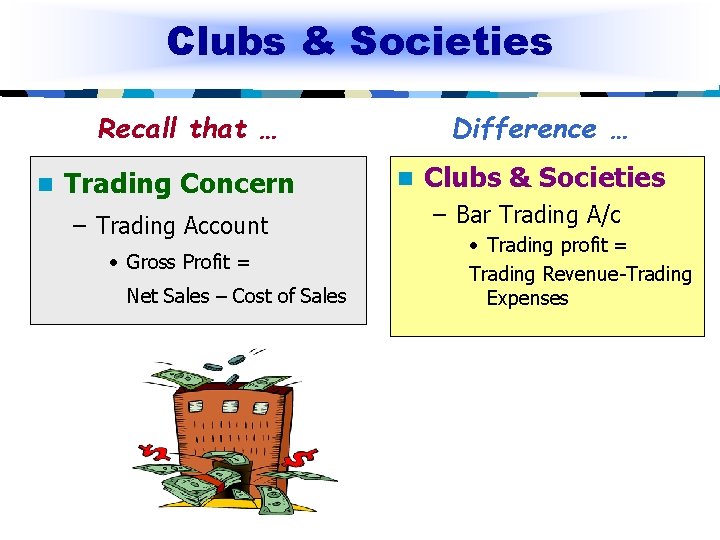 Clubs & Societies Recall that … n Trading Concern – Trading Account • Gross