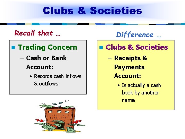 Clubs & Societies Recall that … n Trading Concern – Cash or Bank Account: