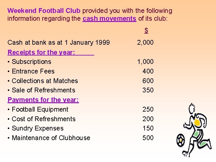 Weekend Football Club provided you with the following information regarding the cash movements of