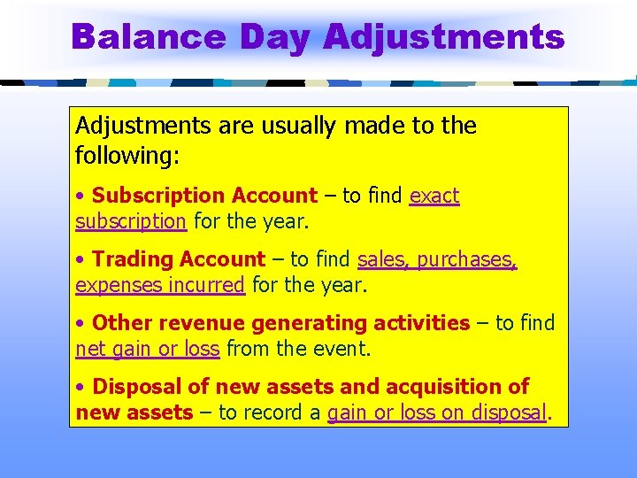Balance Day Adjustments are usually made to the following: • Subscription Account – to