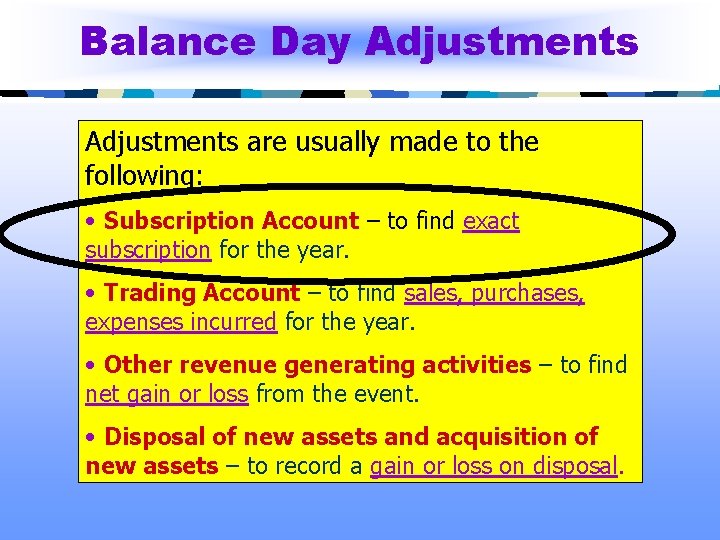 Balance Day Adjustments are usually made to the following: • Subscription Account – to