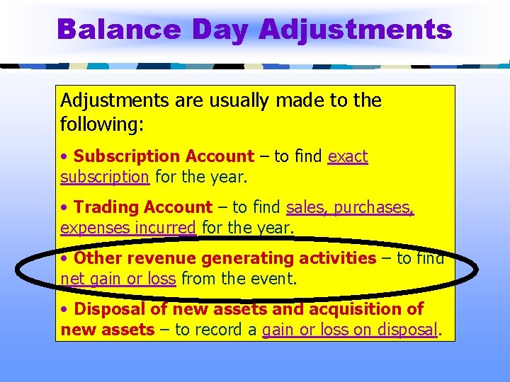 Balance Day Adjustments are usually made to the following: • Subscription Account – to