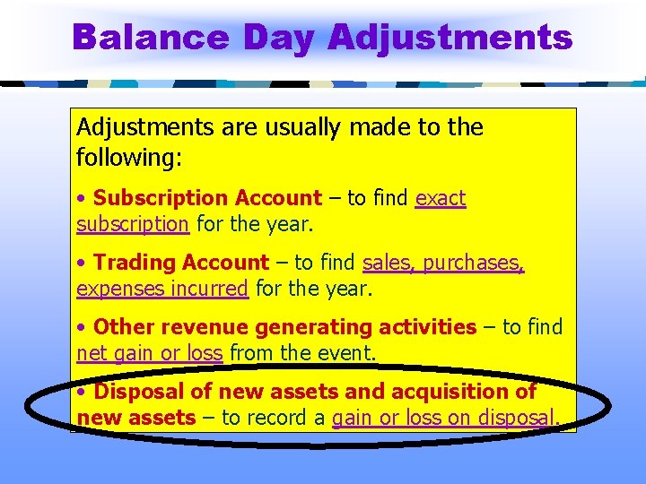 Balance Day Adjustments are usually made to the following: • Subscription Account – to