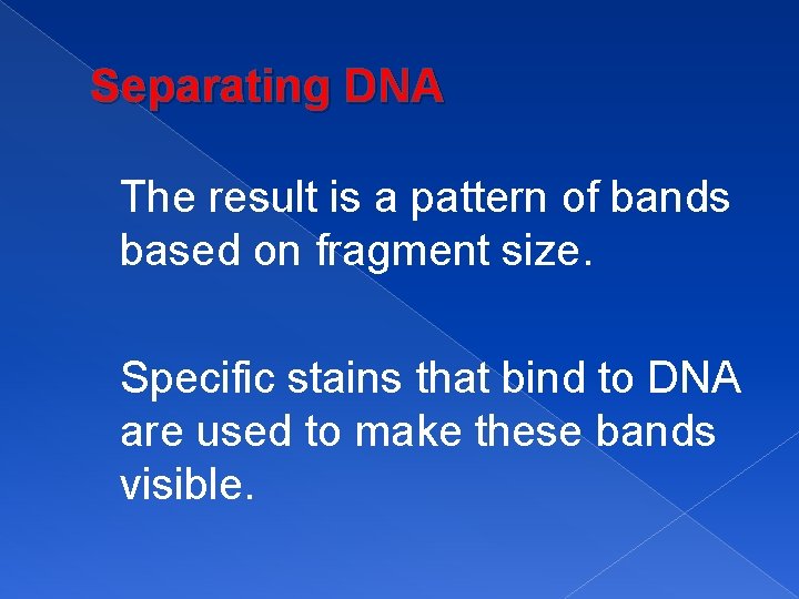 Separating DNA The result is a pattern of bands based on fragment size. Specific