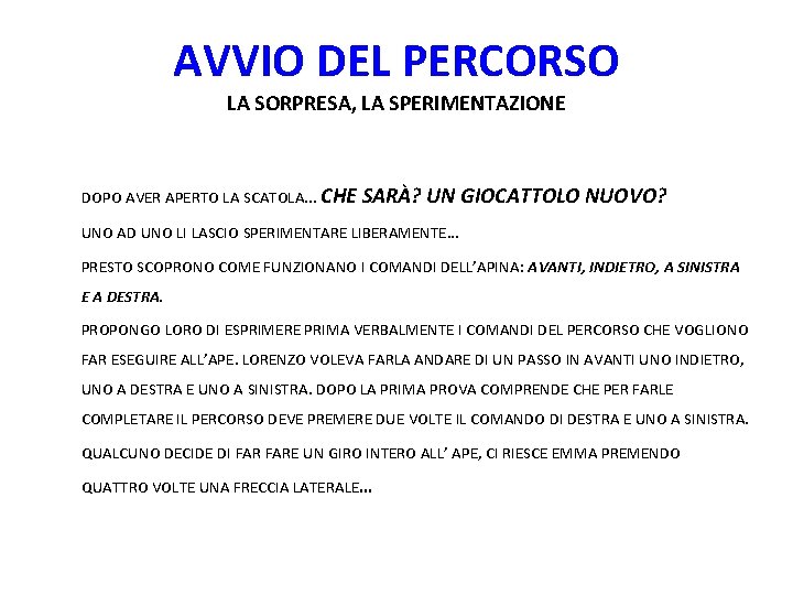 AVVIO DEL PERCORSO LA SORPRESA, LA SPERIMENTAZIONE DOPO AVER APERTO LA SCATOLA. . .