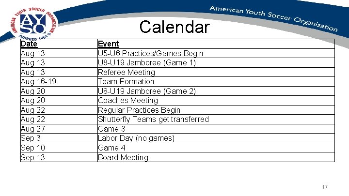 Calendar Date Aug 13 Aug 16 -19 Aug 20 Aug 22 Aug 27 Sep