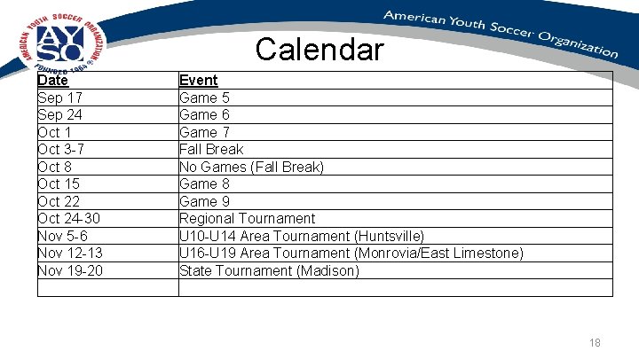 Calendar Date Sep 17 Sep 24 Oct 1 Oct 3 -7 Oct 8 Oct