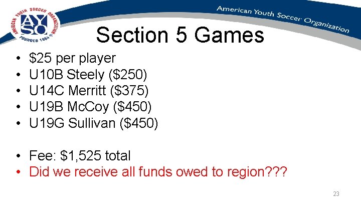 Section 5 Games • • • $25 per player U 10 B Steely ($250)