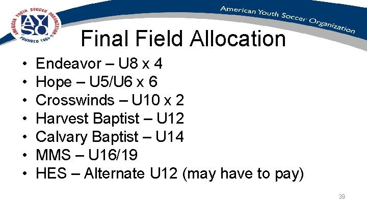 Final Field Allocation • • Endeavor – U 8 x 4 Hope – U