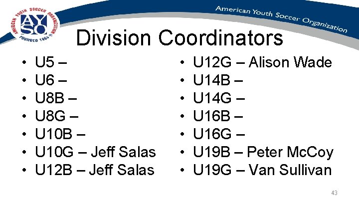 Division Coordinators • • U 5 – U 6 – U 8 B –