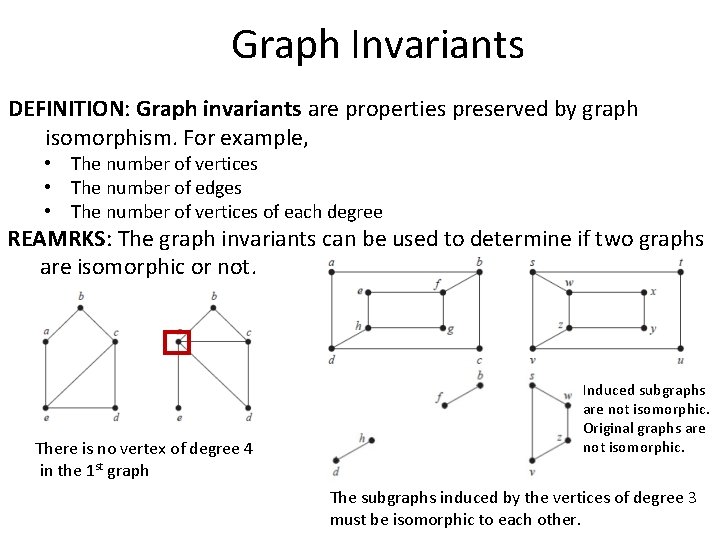 Graph Invariants DEFINITION: Graph invariants are properties preserved by graph isomorphism. For example, •