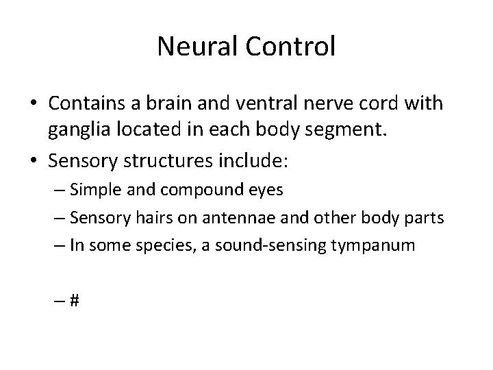 Neural Control • Contains a brain and ventral nerve cord with ganglia located in