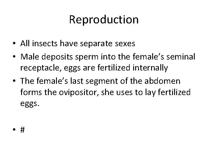 Reproduction • All insects have separate sexes • Male deposits sperm into the female’s