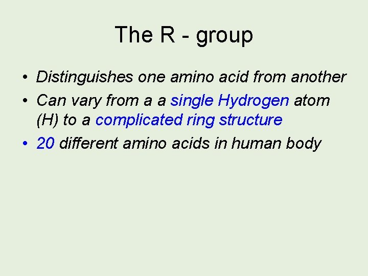 The R - group • Distinguishes one amino acid from another • Can vary