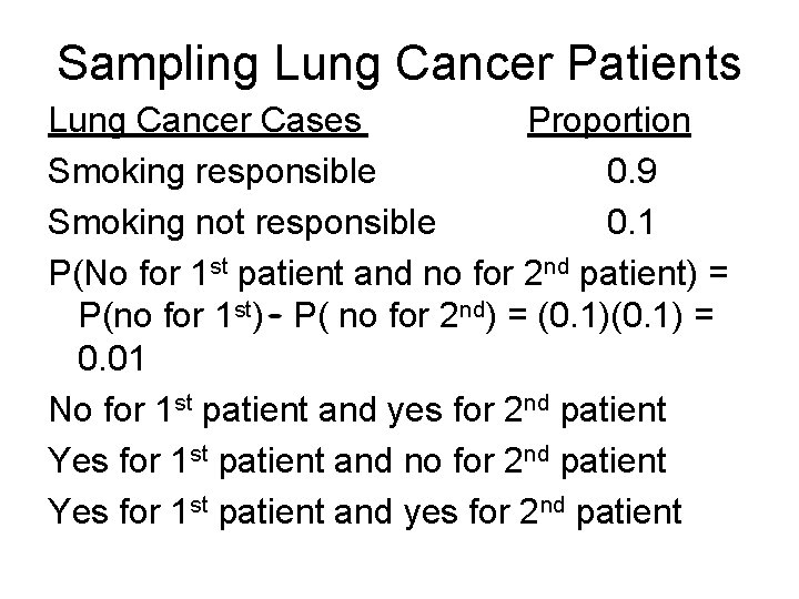 Sampling Lung Cancer Patients Lung Cancer Cases Proportion Smoking responsible 0. 9 Smoking not