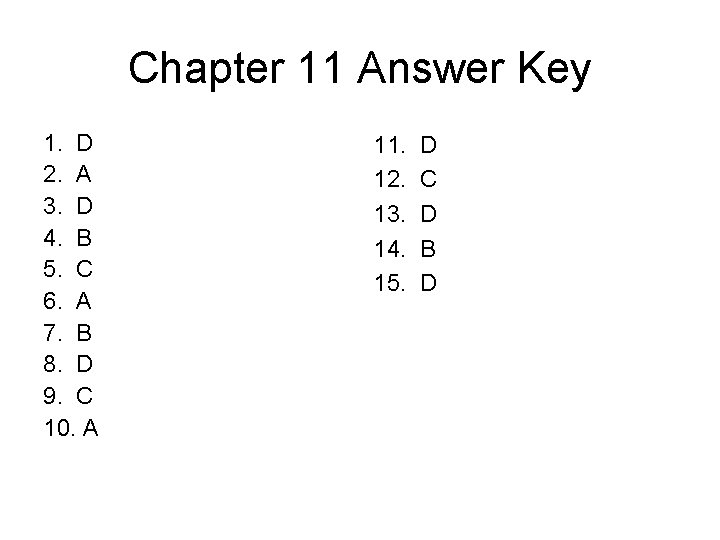 Chapter 11 Answer Key 1. D 2. A 3. D 4. B 5. C