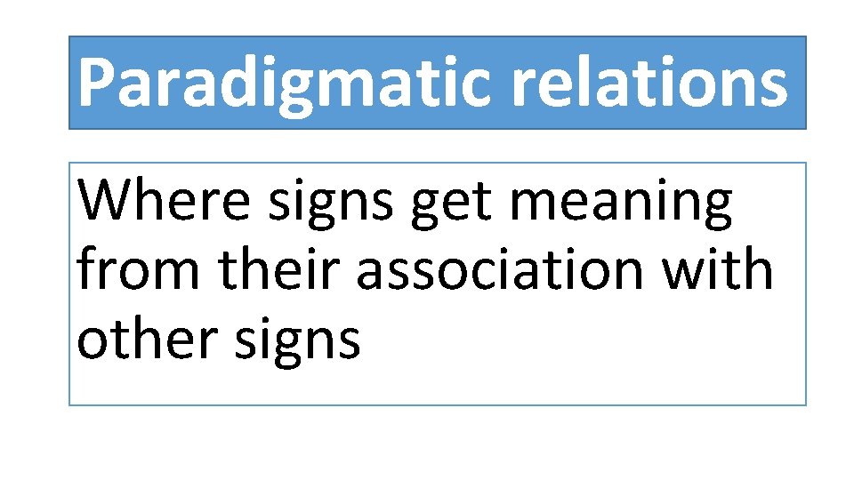 Paradigmatic relations Where signs get meaning from their association with other signs 