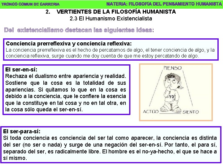 2. VERTIENTES DE LA FILOSOFÍA HUMANISTA 2. 3 El Humanismo Existencialista Conciencia prerreflexiva y