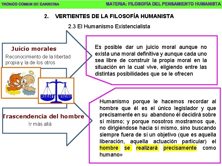 2. VERTIENTES DE LA FILOSOFÍA HUMANISTA 2. 3 El Humanismo Existencialista Juicio morales Reconocimiento