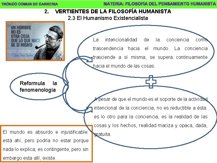 2. VERTIENTES DE LA FILOSOFÍA HUMANISTA 2. 3 El Humanismo Existencialista La intencionalidad trascendencia