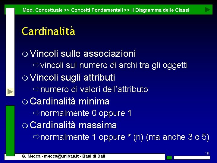 Mod. Concettuale >> Concetti Fondamentali >> Il Diagramma delle Classi Cardinalità m Vincoli sulle