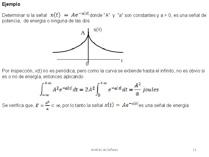 Ejemplo Determinar si la señal donde “A” y ”a” son constantes y a >