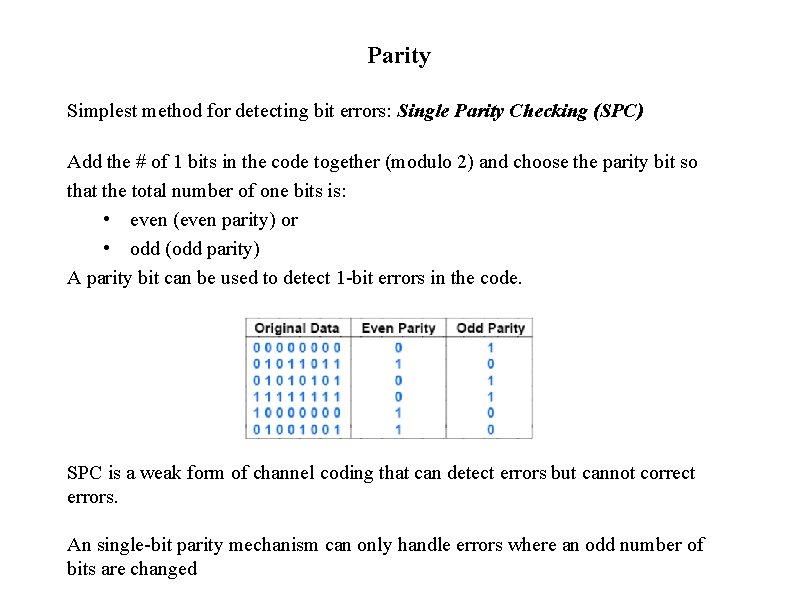 Parity Simplest method for detecting bit errors: Single Parity Checking (SPC) Add the #